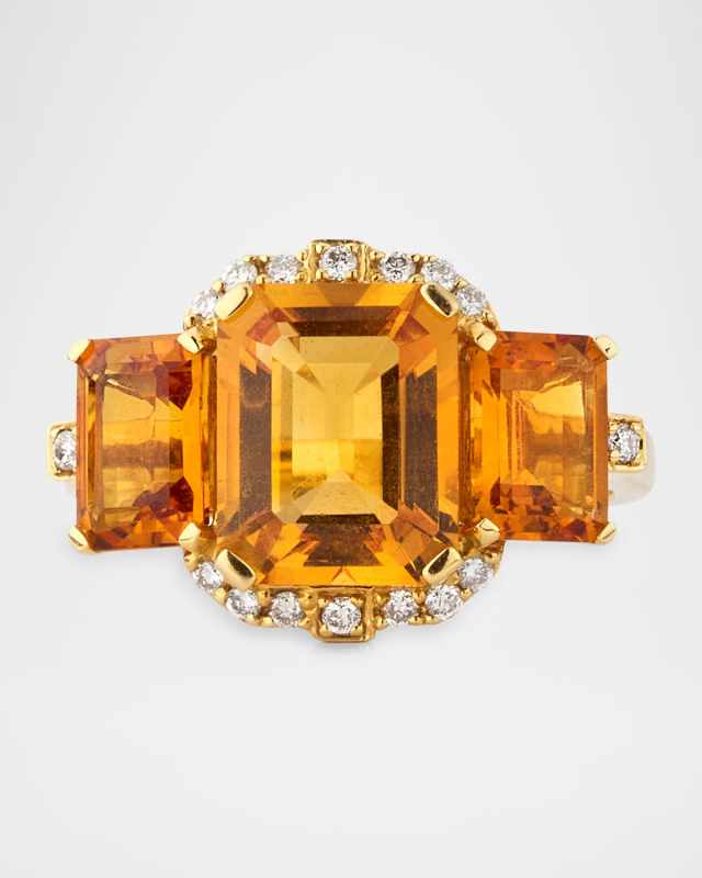 Gossip Citrine 3 Stone Emerald Cut Ring with Diamond in 18K Yellow Gold
